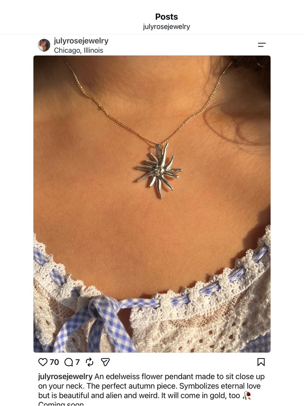 July Rose Edelweiss Flower Pendant Necklace in Silver